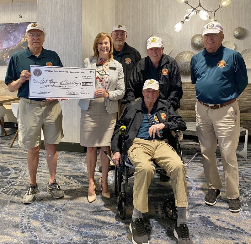 Gathered for the check presentation are in back (l-r) Don Coffin, foundation president, and Courtney Blackford, first vice president and art league resource development committee chair; and foundation members Vic Freeman, Tom Wengert and Chuck Schaub. In front is Jim Wright, foundation member. SUBMITTED PHOTO